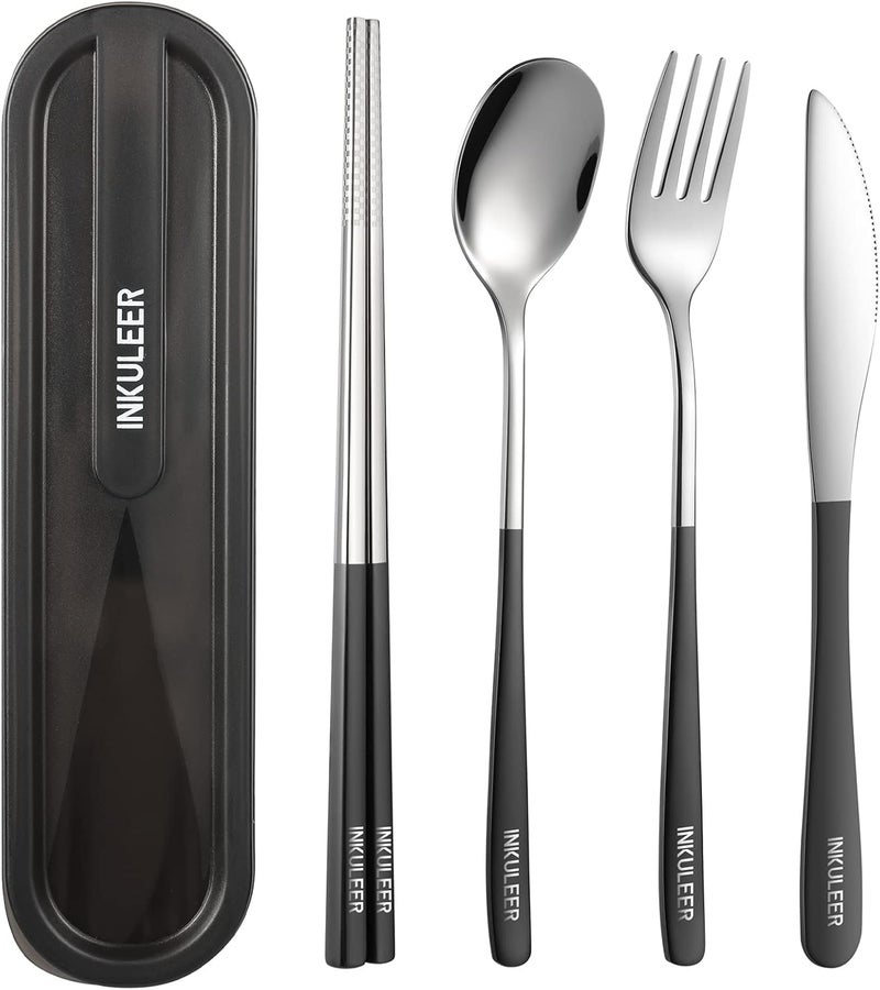 inkuleer Travel cutlery set, 18/8 stainless steel cutlery, Reusable utensils set with case, Portable Silverware Lunch Box for Camping and Office (Black/knife set) - Image 1
